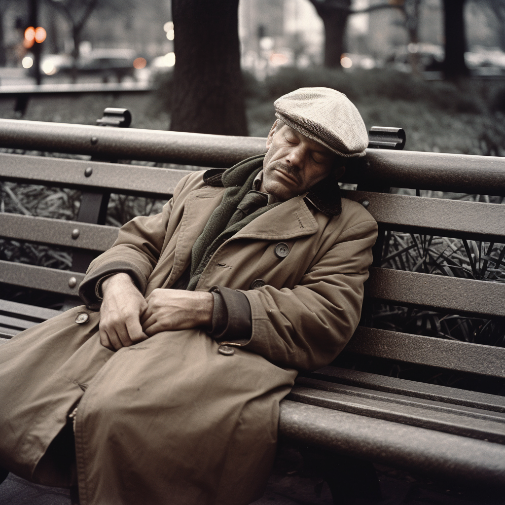 X Man sleeping on park bench in New York City 70s grain 8c476db2 9b10 43d3 8816 ab1733dfbc20