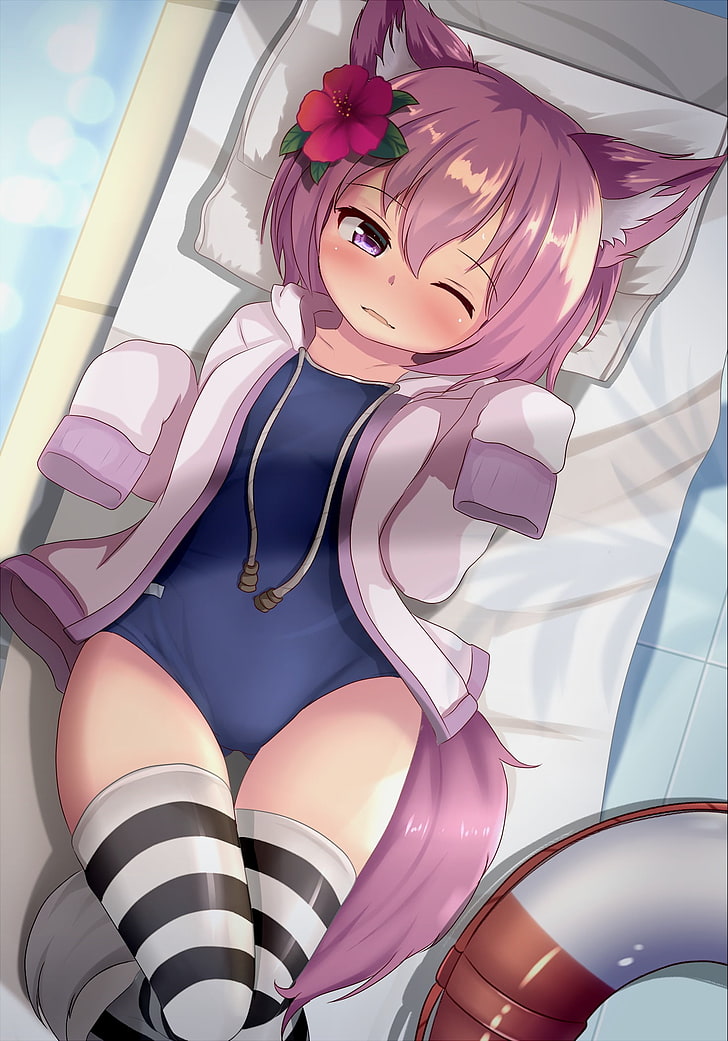 Neko loli animal ears tail school swimsuits wallpaper preview