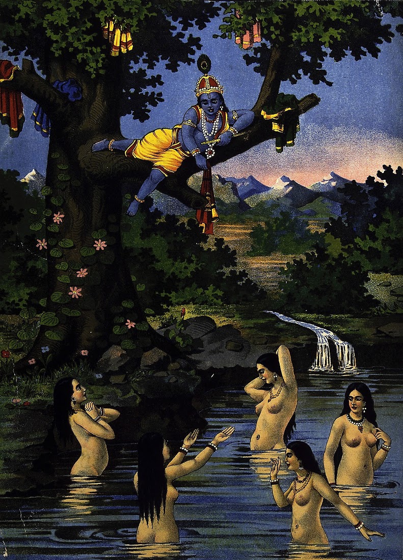 Krishna Stealing the Cowgirls Clothes and Watching them Bathe in the River Below   Lithograph 