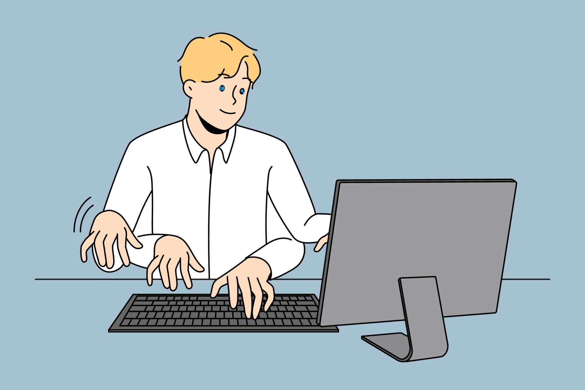 Businessman working on computer with numerous hands being fast and productive at work male emp