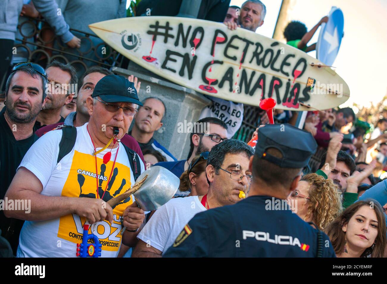 Demonstrators protest against the drilling for oil off the canary islands during a visit of sp