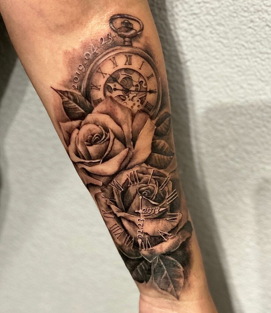 Rose and Clock Tattoo With Roman Numerals 885x1024