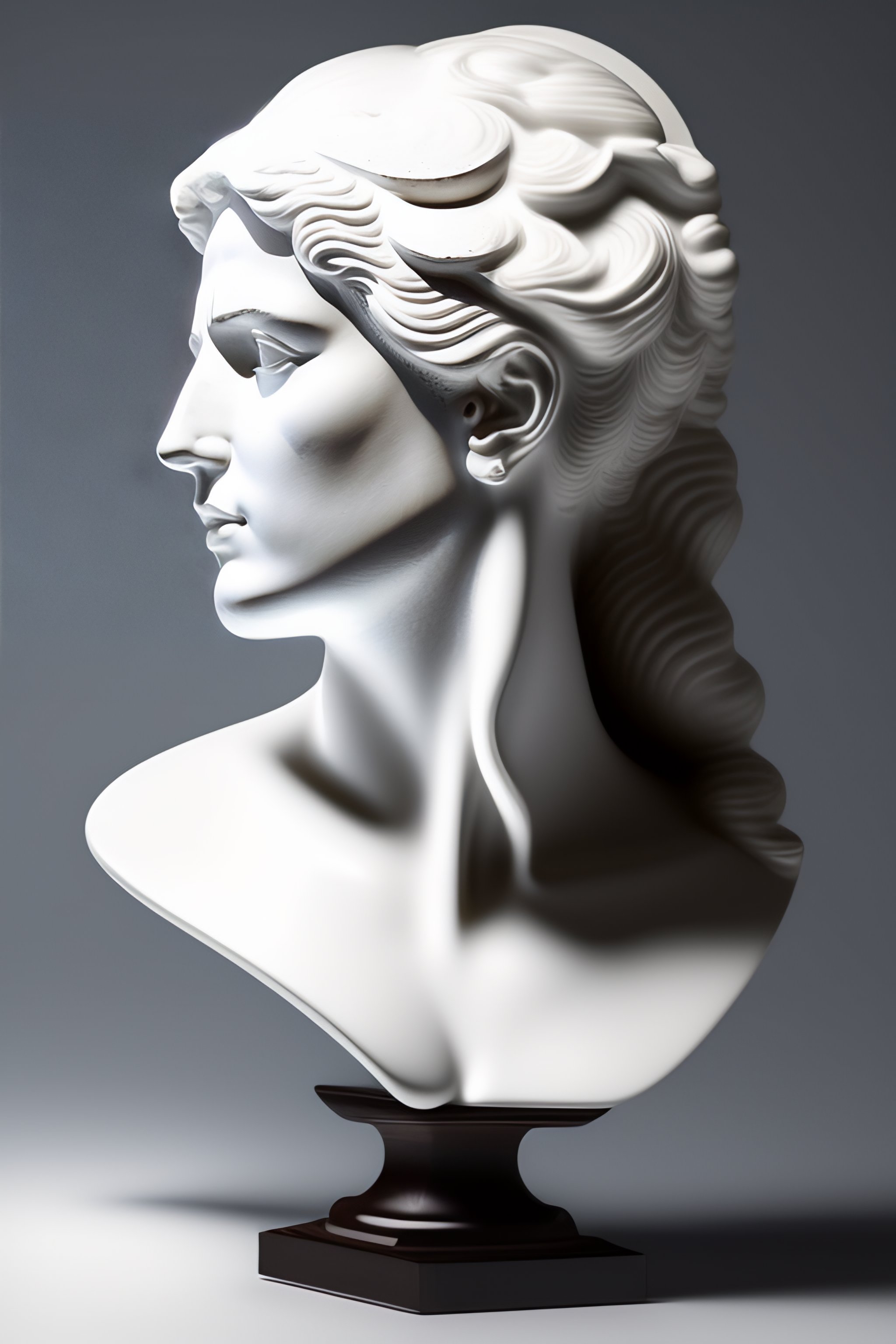 Greek bust suspended in white space In the style o