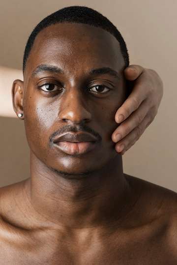 Front view handsome man posing with hand his cheek 23 2148852560