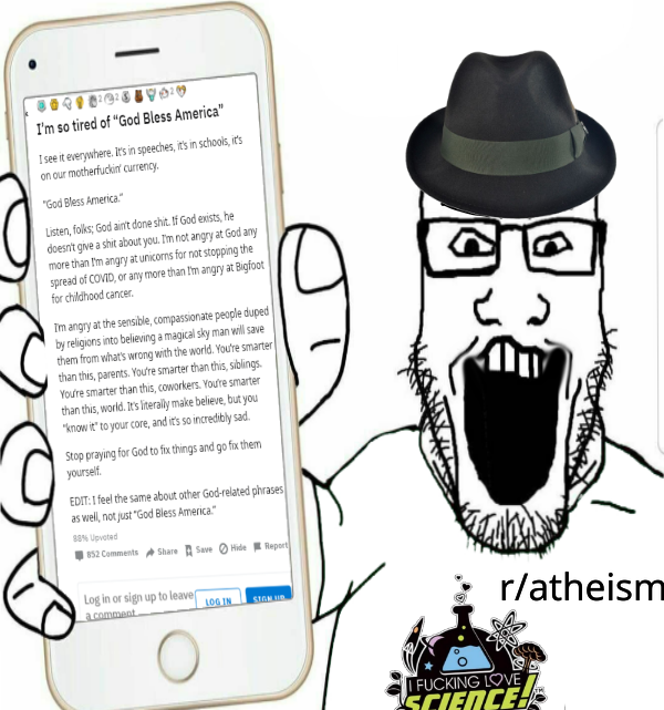 3755 arm atheism christianity clothes fedora glasses hand holding object open mouth phone redd