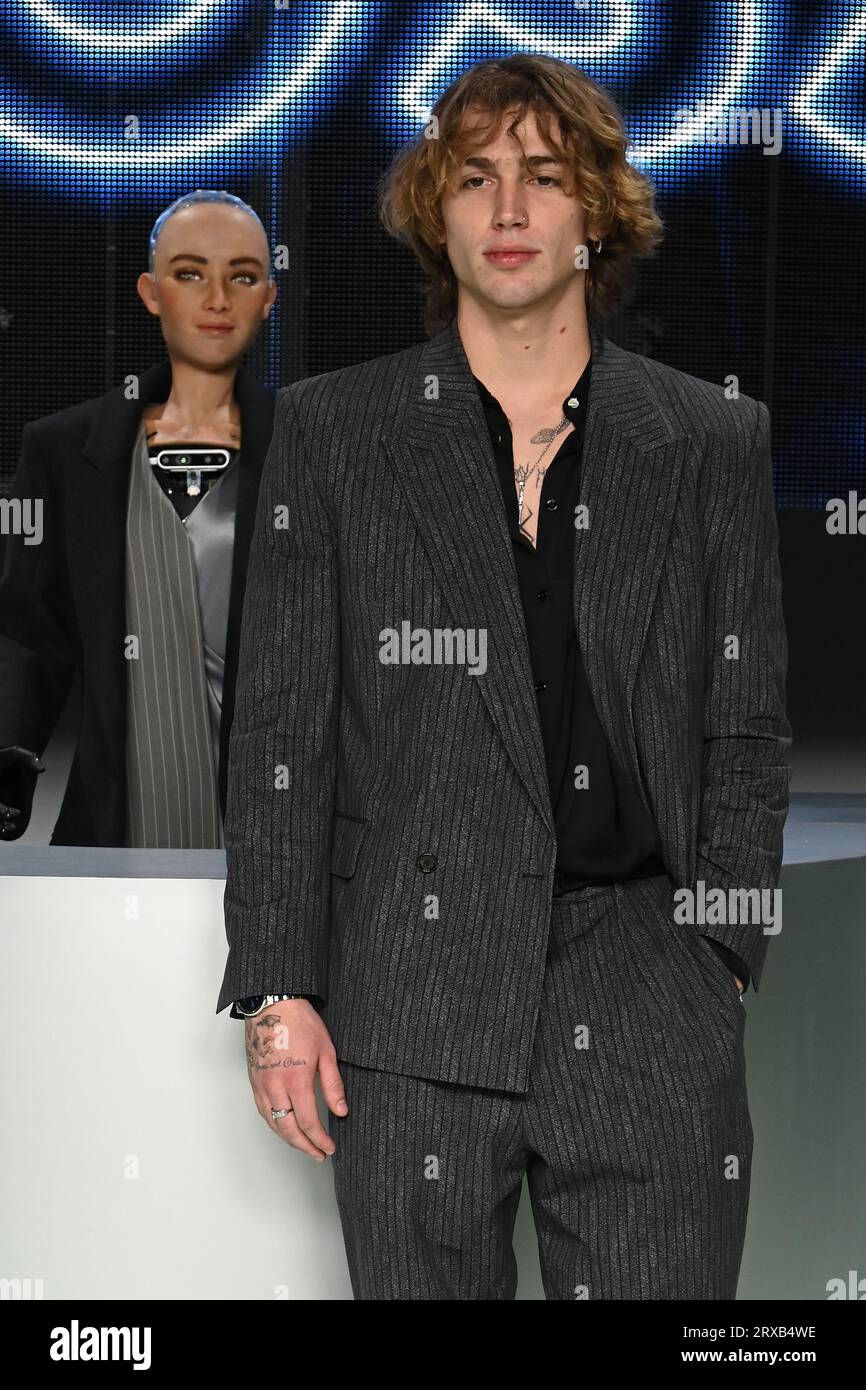 Milan italy 22nd sep 2023 vinnie hacker attends boss fashion show during the milan fashion wee