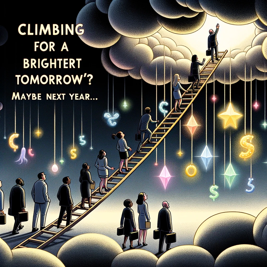 DALLE 2023 10 17 232213   Illustration of diverse workers climbing a never ending corporate