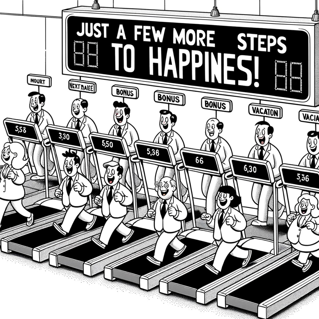 DALLE 2023 10 17 232216   Cartoon drawing of office employees running on treadmills each l
