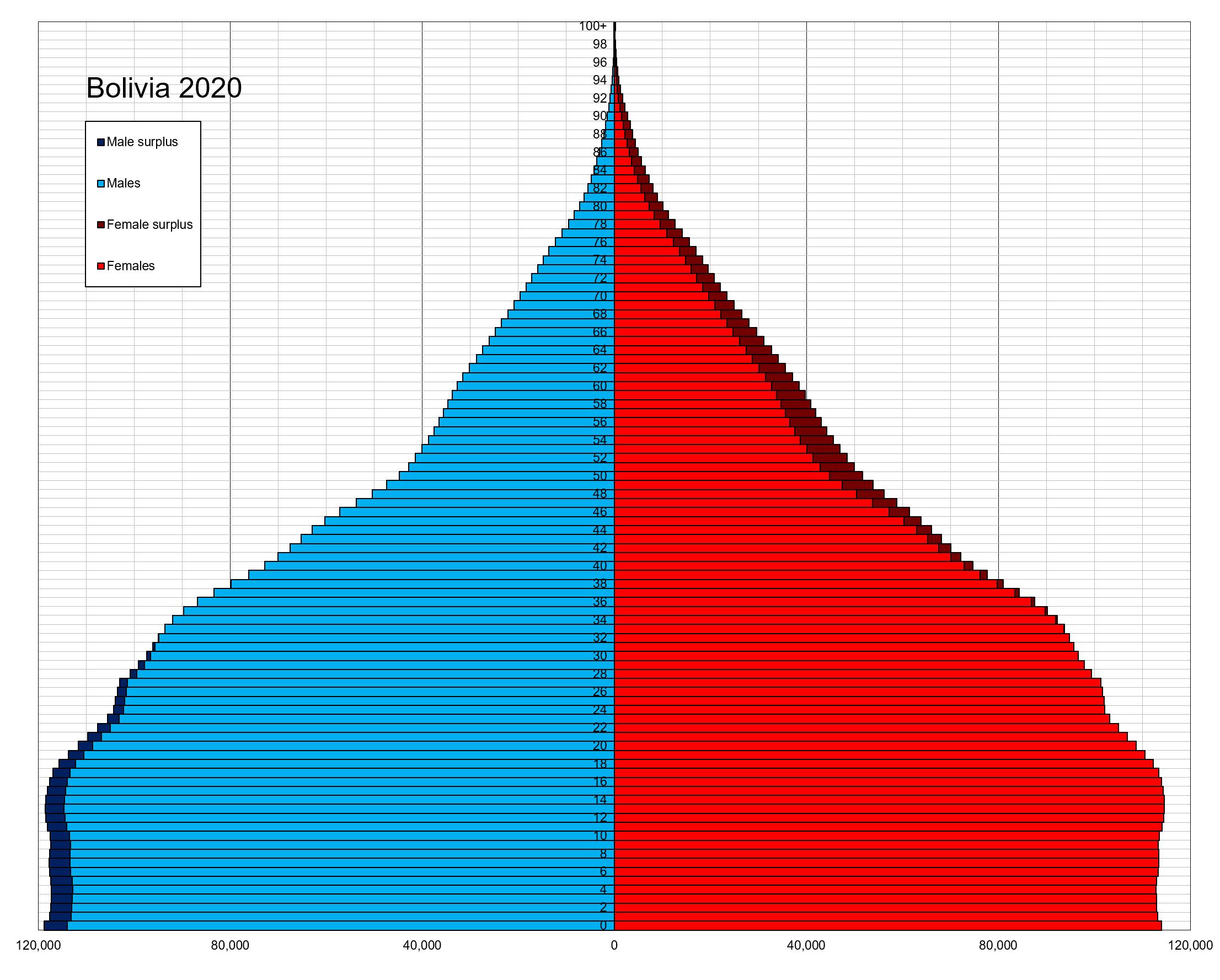 Bolivia single age population pyramid 2020