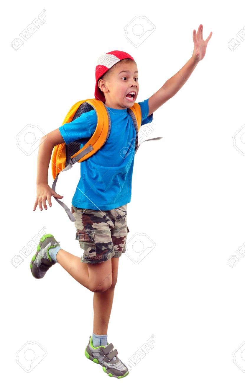 31419982 portrait of a little schoolchild with backpack and a cap running waving with his hand