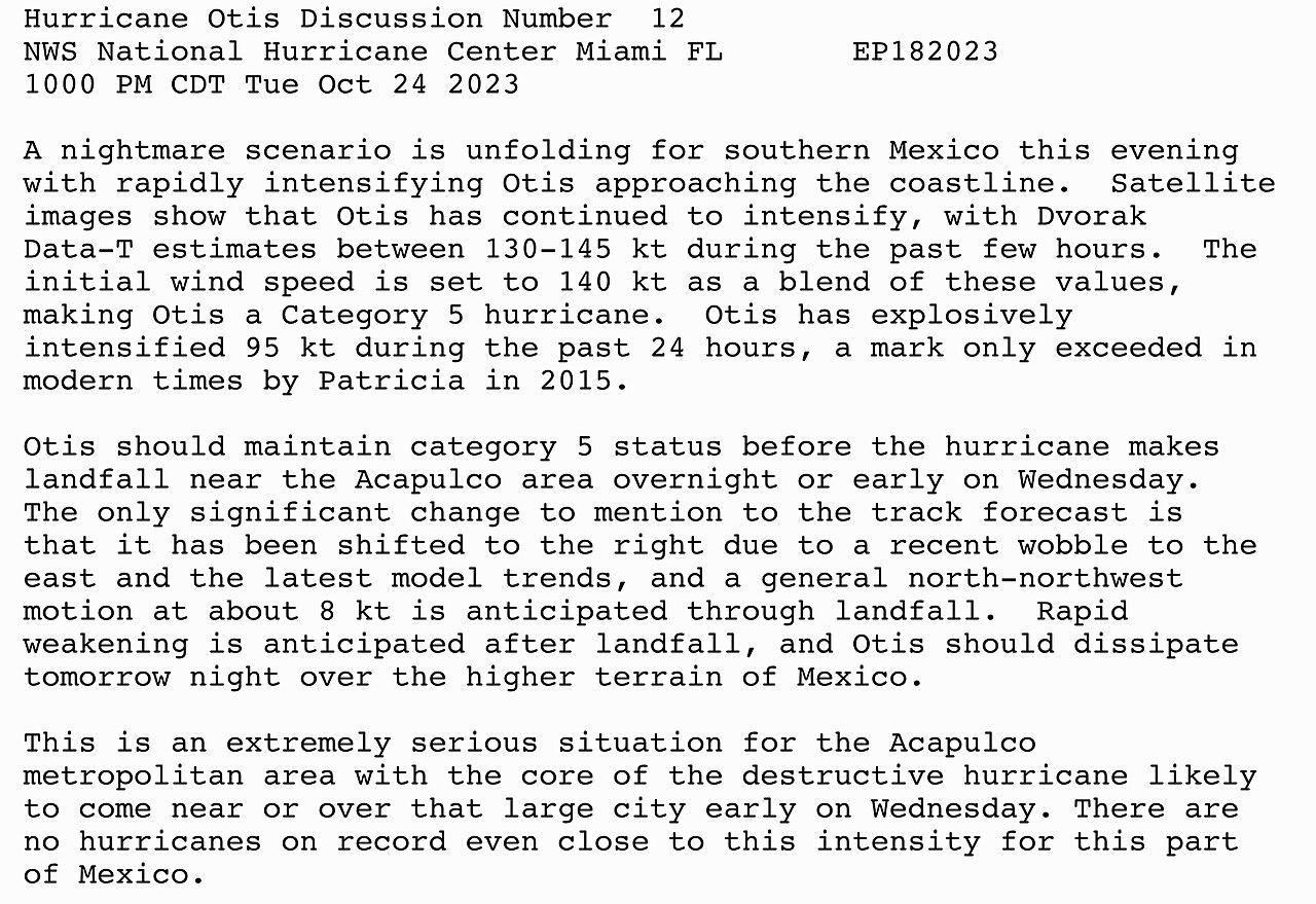NHC Bulletin for Category 5 Hurricane Otis during October 2023