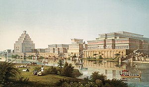 Artists impression of Assyrian palaces from The Monuments of Nineveh by Sir Austen Henry Laya