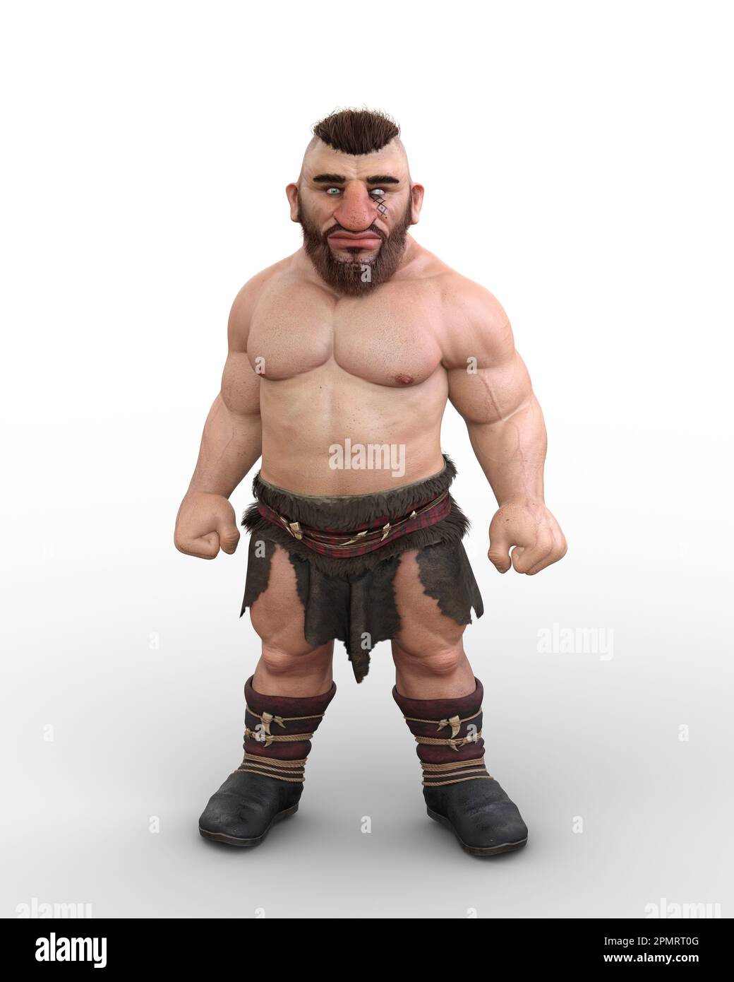 3d illustration of a fantasy dwarf or babarian character with muscular body standing isolated 