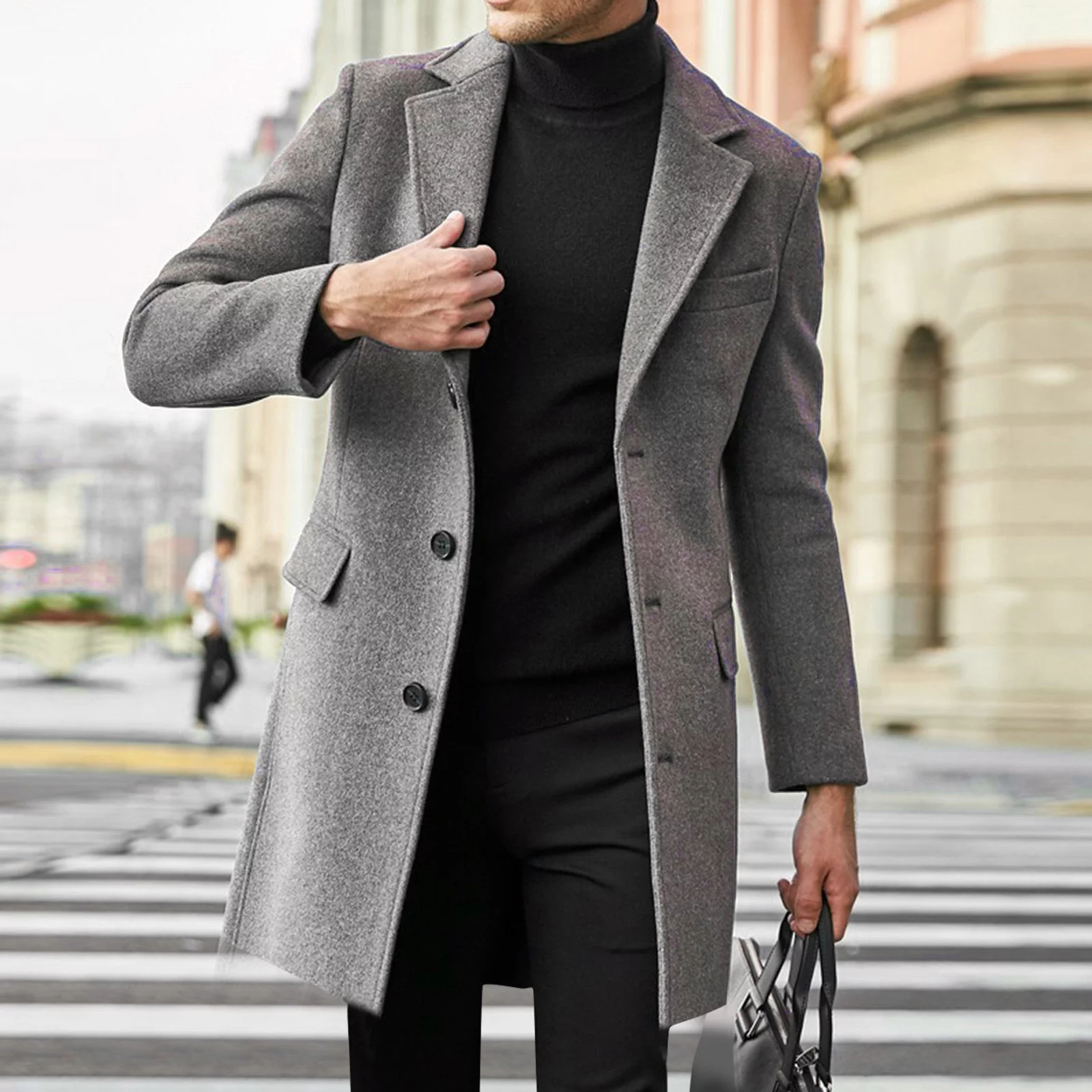 Haxmnou men wool coat winter trench coats long sleeve button up jacket outwear overcoat grey x