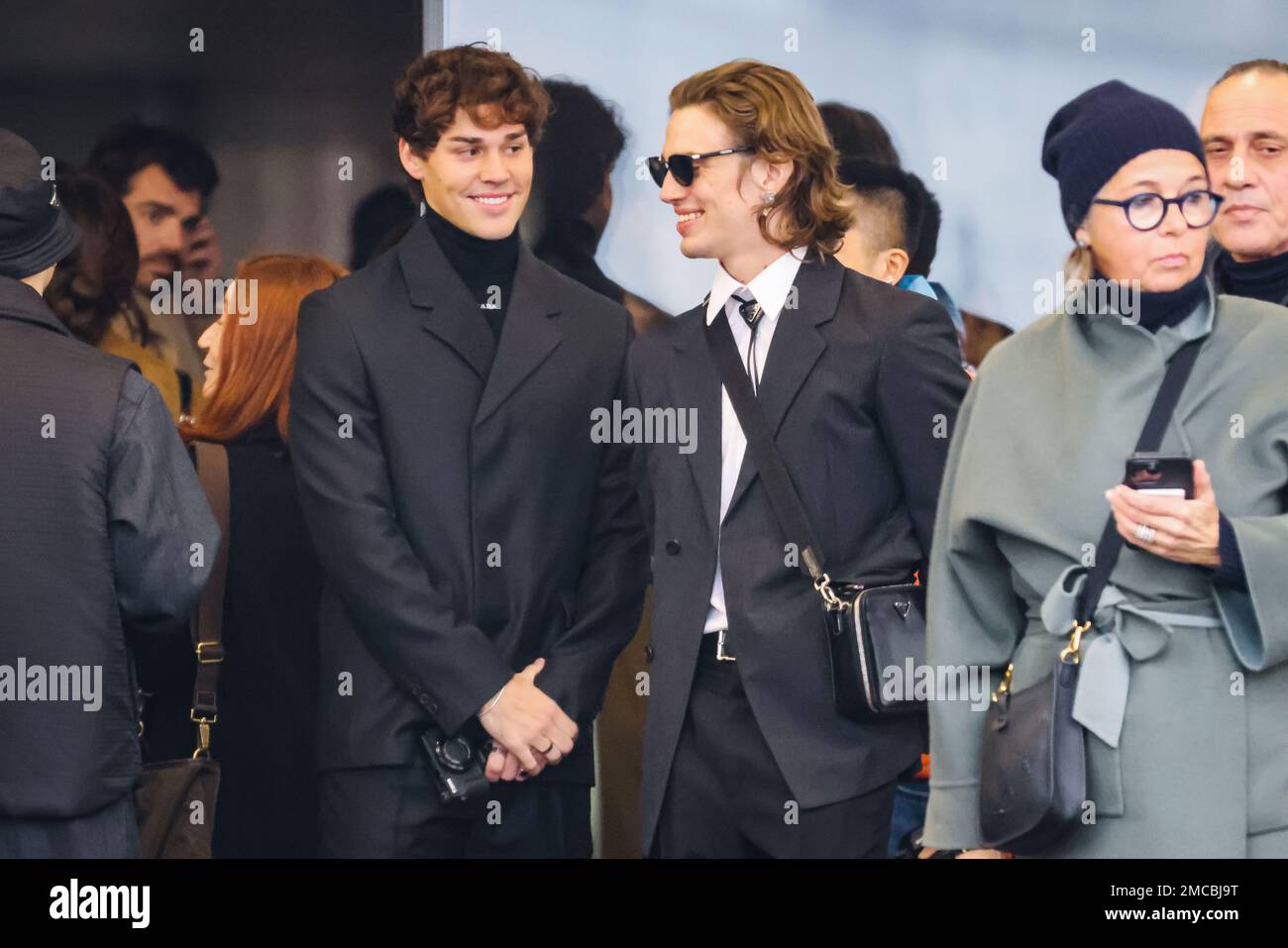 Milan italy 15th jan 2023 american tiktokers noah beck and vinnie hacker attend the prada fash