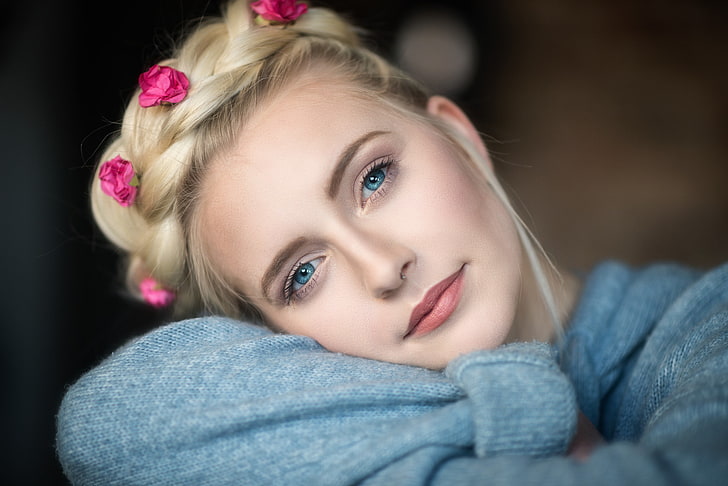 Women blonde flowers face wallpaper preview
