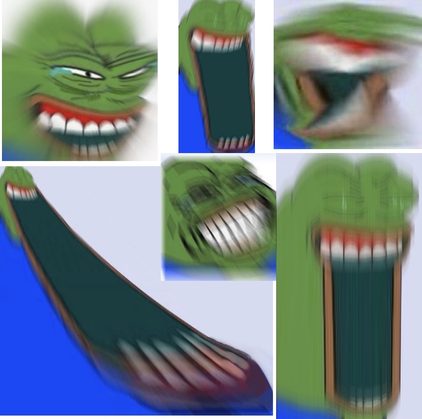 4 blue background blue shirt clenched teeth closed eyes clothes crying distorted frog laughing