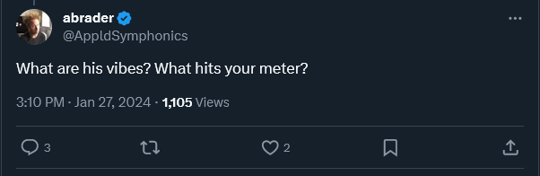 Screenshot 2024 01 27 at 16 46 25 abrader on X Slatzism What are his vibes What hits your met