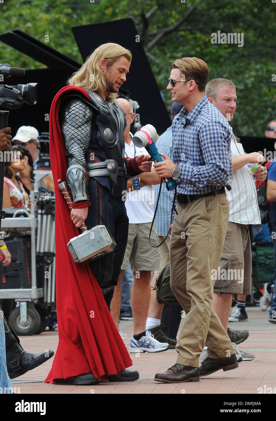 Chris hemsworth and chris evans on the film set of the avengers shooting D6RJMA