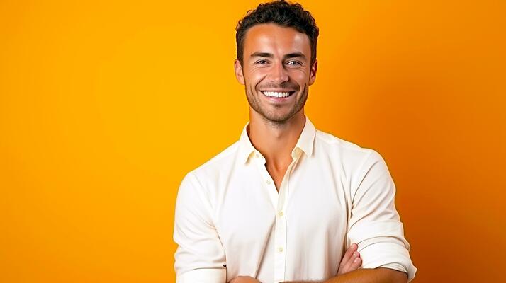 Happy handsome young man standing wearing summer shirt isolated on orange background ai genera