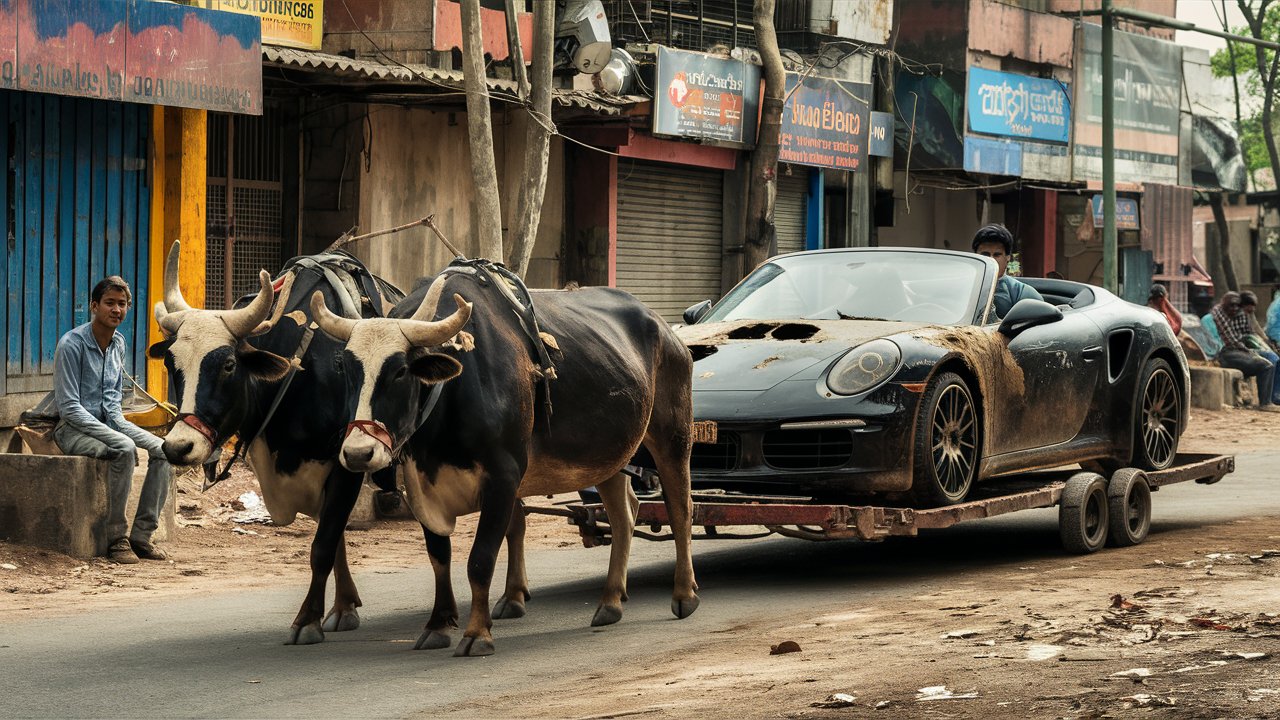 A pair of oxen towing a black dirty convertible po lWbrQSELSMierIr85qbnsg Y y ruUQTpK48ADXUZ 