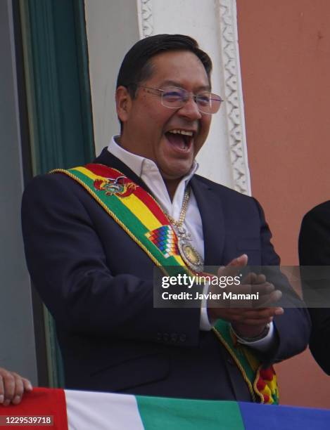 La paz bolivia newly elected president of bolivia luis arce smiles to supporters from a