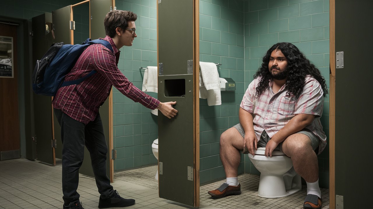 Nerdy student opening the door of a bathroom stall Lz Hu5CsTSW c3N93zQXjw 1 iZClaRQ0SXzIJmXpH