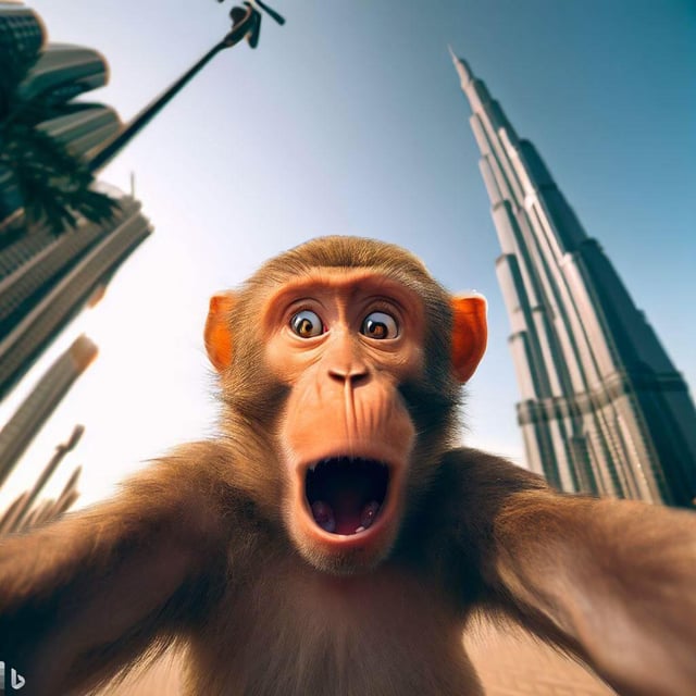 A wide shot of a monkey with a shocked face looking at burj v0 hcibh3y6klva1