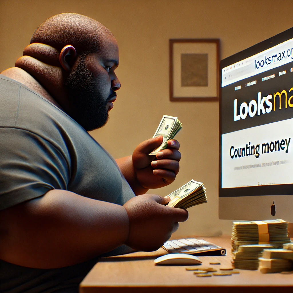 DALLE 2024 08 21 152425   A fat black man sitting at a desk counting money while using a 