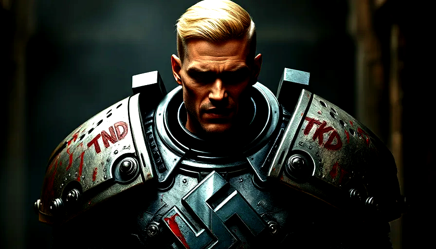 Extreme sinister angry smiling muscular hyper masculine dimorphic blue eyed germanic blonde ma