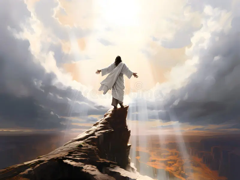 Resurrected jesus christ mountaintop god heaven second coming concept back view resurrected j