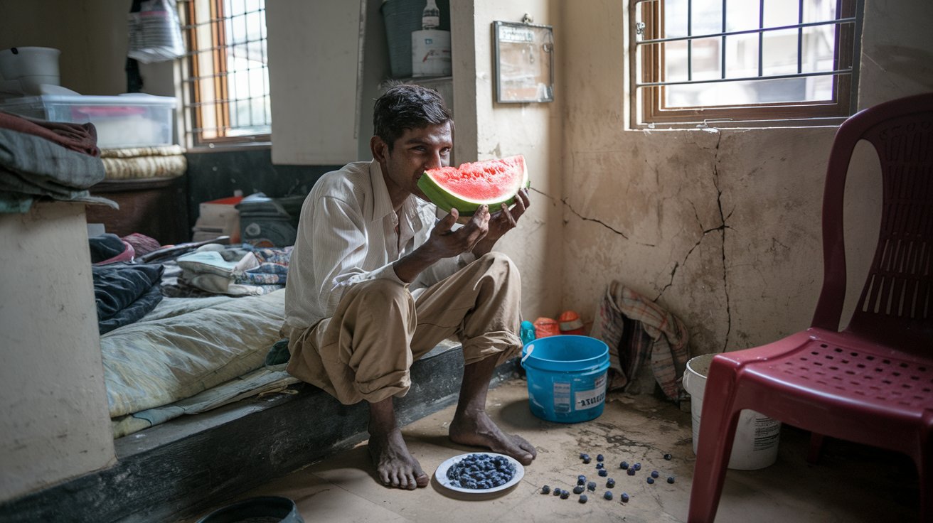 A photo of a poor indian man from the slum eating  VC1pZgiJRNeiRnzeciFaPw CsAlkdpDTceeontd ko