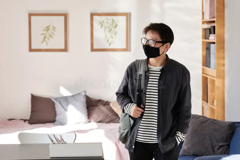 Asian student boy mask asian student boy mask eyeglasses standing satchel own room pictures w