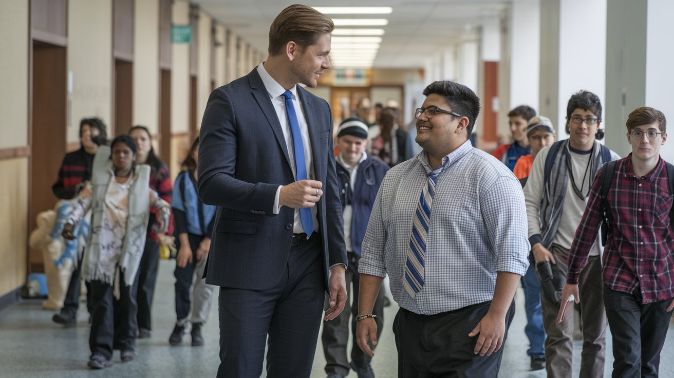 A photo of a tall handsome teacher talking to a sh  1wCHGXTSgqvLXyOs 4fjQ NYobQQpuRP 9UabQ xQ