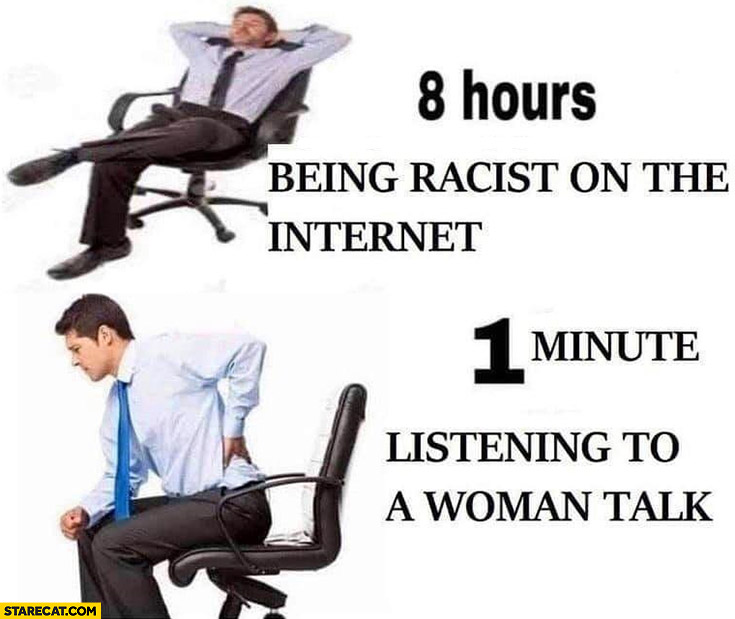 8 hours being racist on the internet vs 1 minute listening to talk a woman talk