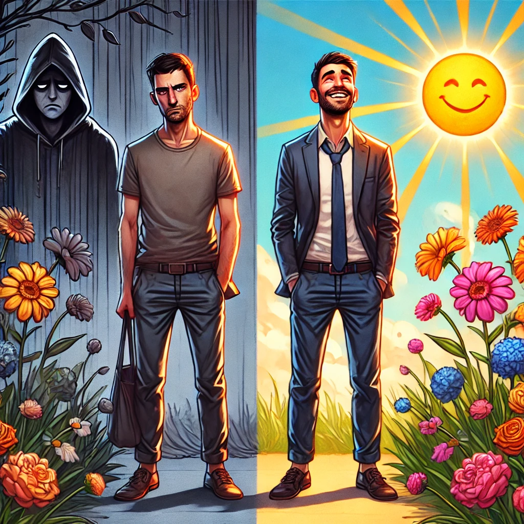 DALLE 2024 11 07 154618   Two men standing side by side with similar appearances and outfi