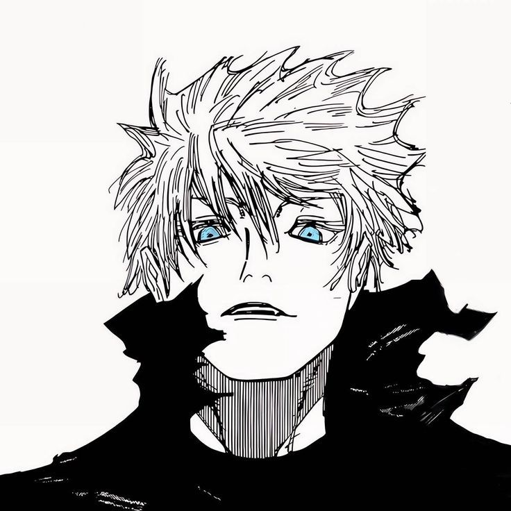 A black and white drawing of an anime character with blue eyes hair in the wind