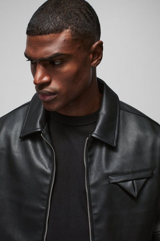 Black oversized boxy pu pleated harrington jacket