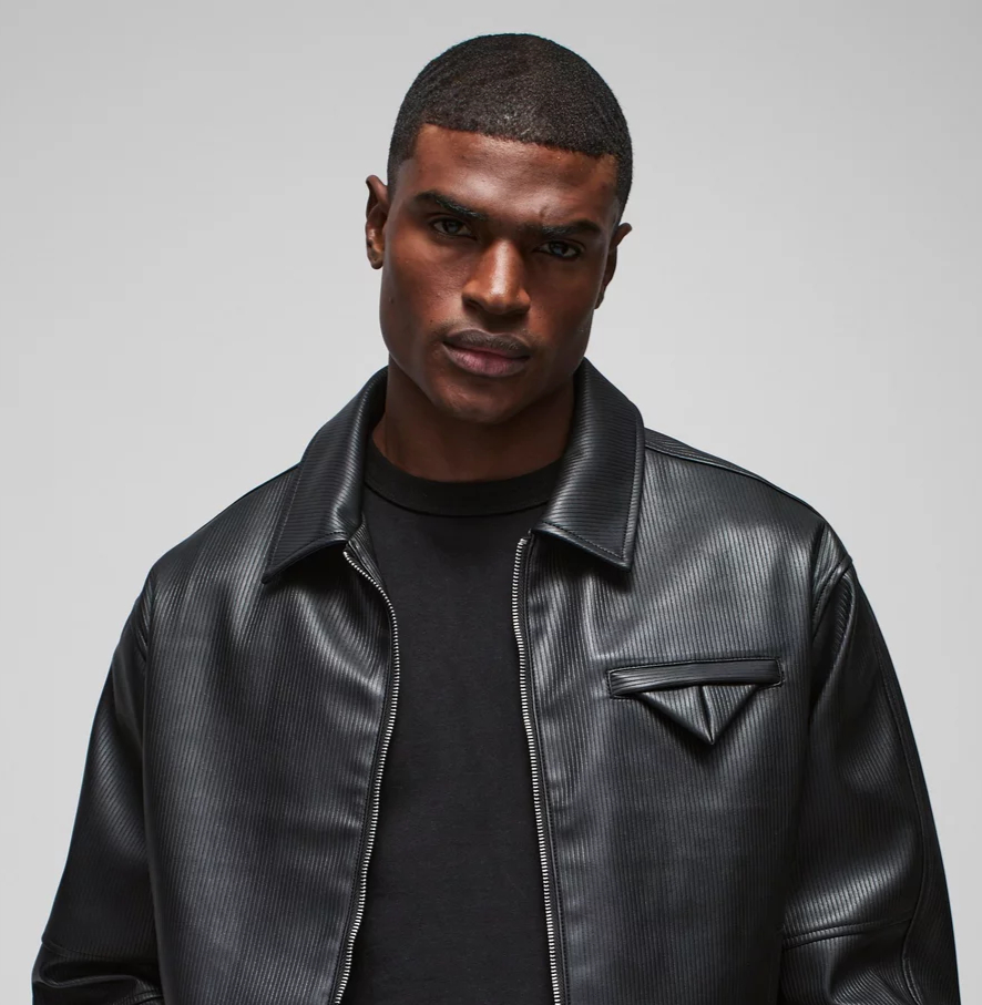 Mens black oversized boxy pu pleated harrington jacket 1