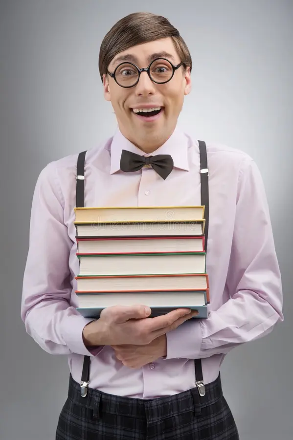Nerd book stack young nerd man holding book stack standing isolated grey 33341822