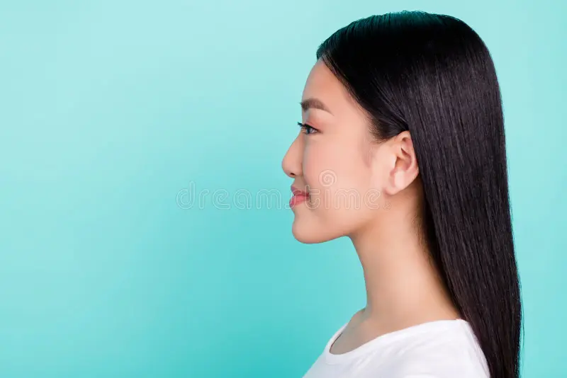 Profile side view portrait attractive cheerful long haired girl copy empty space place isolate