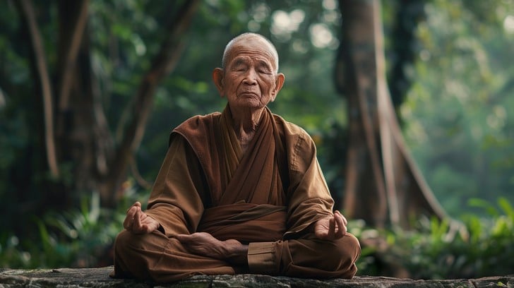Monk meditating outdoors stockcake