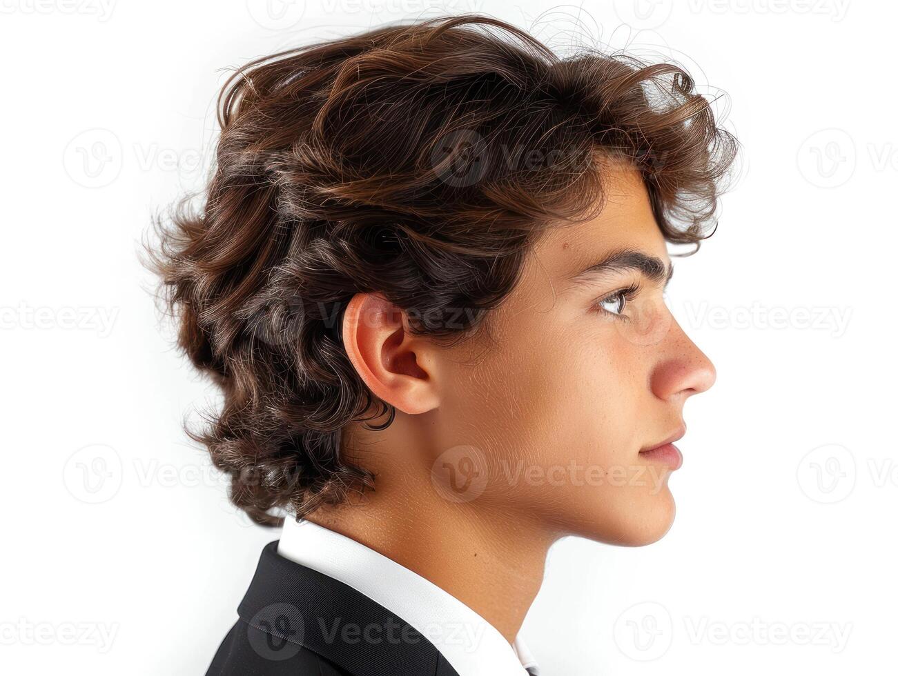 A close up side profile of a young man with dark wavy hair dressed in a suit and white shirt g