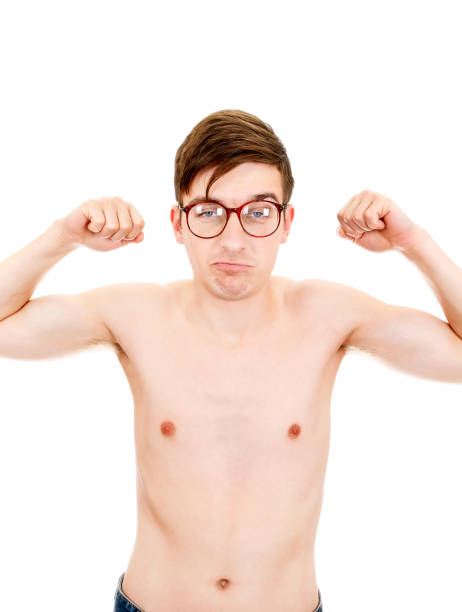 Skinny man muscle flexing 439782171