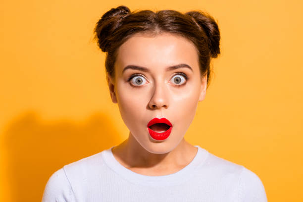 Close up portrait of her she nice attractive lovely puzzled girl opened mouth stunning news