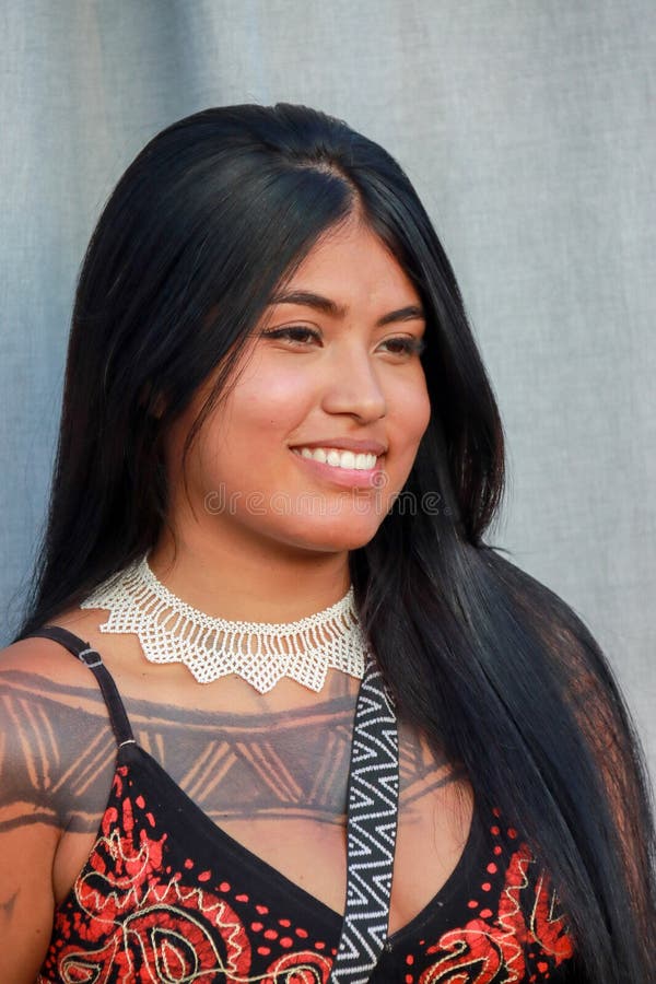 Beautiful indigenous indian girl attending annual acampamento terra livre brasilia df brazil a