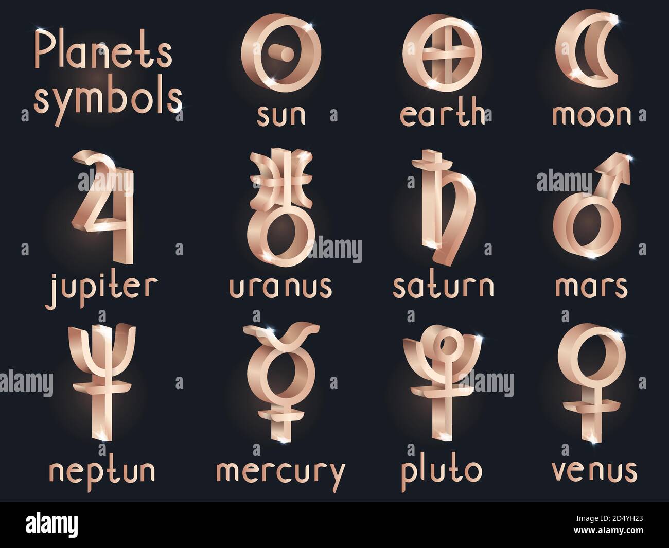 Vector set of 3d astrological planets symbols gold signs collection sun earth moon saturn uran