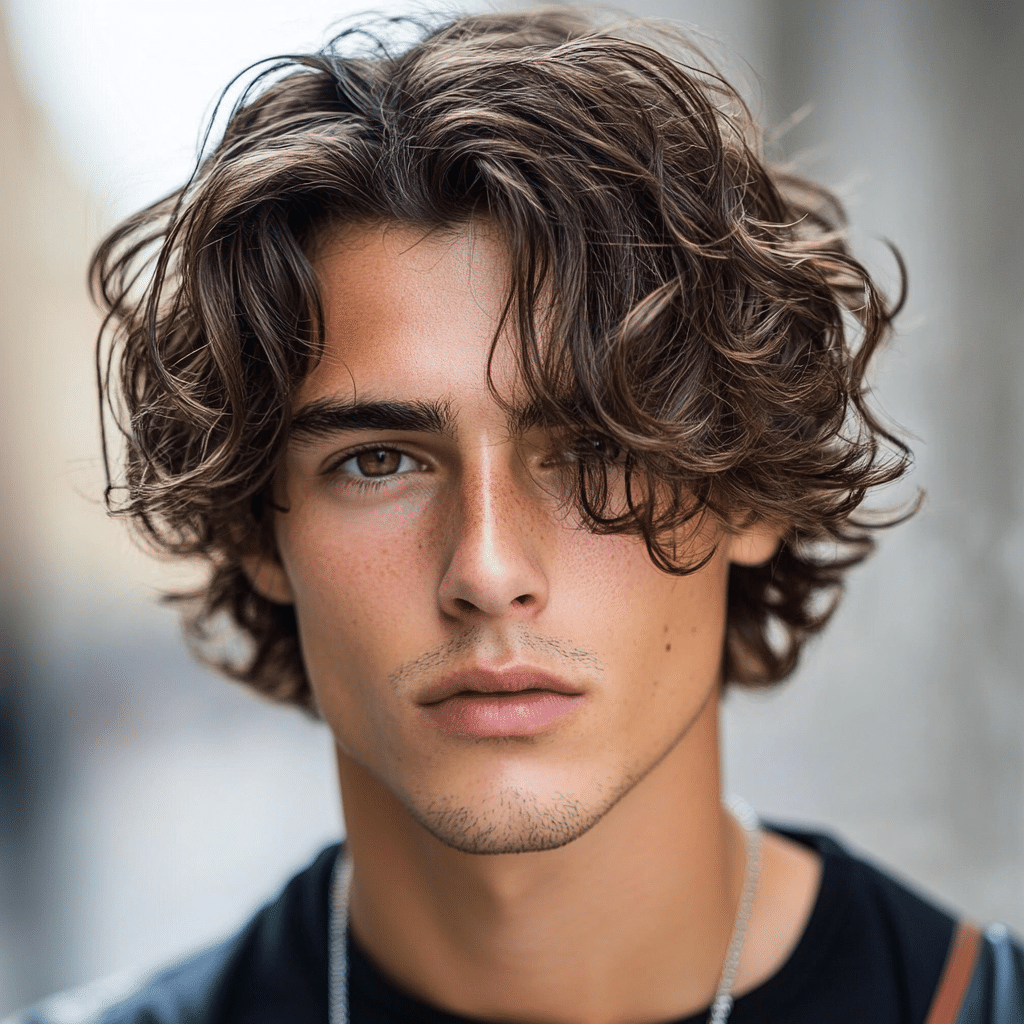 Curly shaggy medium length hair for men