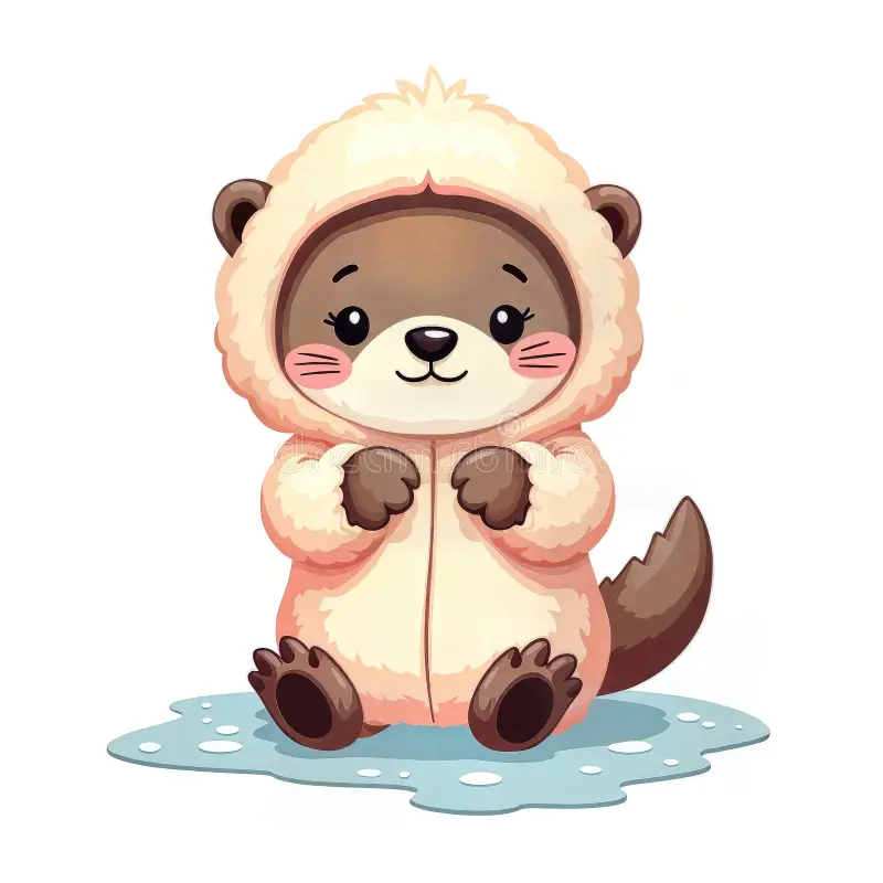 Kawaii otter wearing fluffy winter costume sitting sweet cartoon dressed pink outfit sits ado