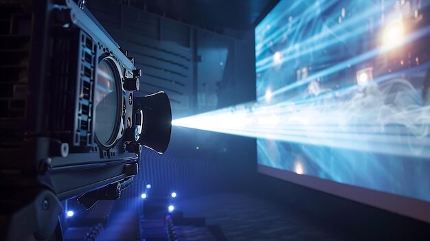 Closeup movie projector dark room projector is projecting bright light onto large screen 12091